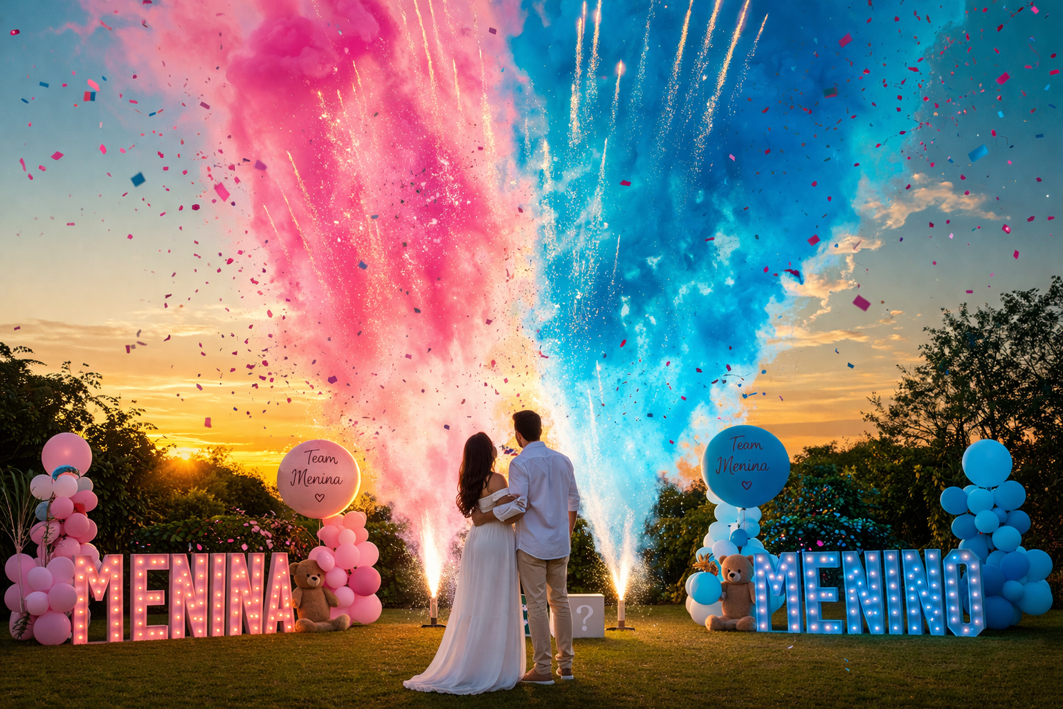 Chá revelação com fumaça colorida e fogos